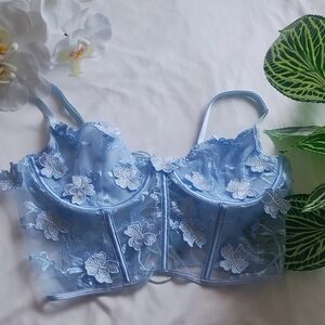 Powder Blue Floral Embroidered Bra with Underwire Size M
